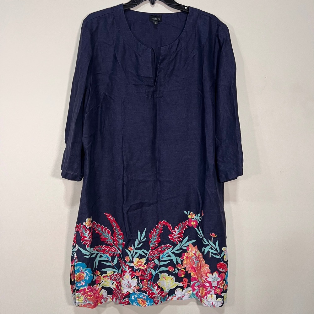 Tropical Linen Shift Dress Floral Border Print Lightweight Summer Talbots XL